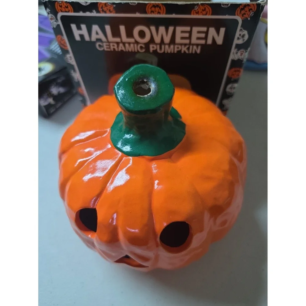 Vintage Halloween Pumpkin Earthenware Jack O' Lantern Ceramic Candle Cover